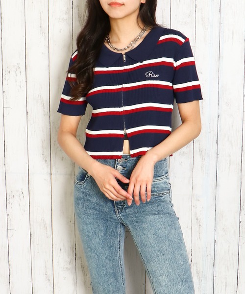 GORGE(ゴージ)の「《WZIP×ボーダー》レディース 半袖カーディガン 春夏秋/着回し万能(カーディガン/ボレロ・レディース・ネイビー/オフホワイト/グリーン/ボルドー・F)」の8枚目の写真