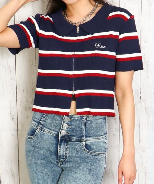 GORGE(ゴージ)の「《WZIP×ボーダー》レディース 半袖カーディガン 春夏秋/着回し万能(カーディガン/ボレロ・レディース・ネイビー/オフホワイト/グリーン/ボルドー・F)」の7枚目の写真