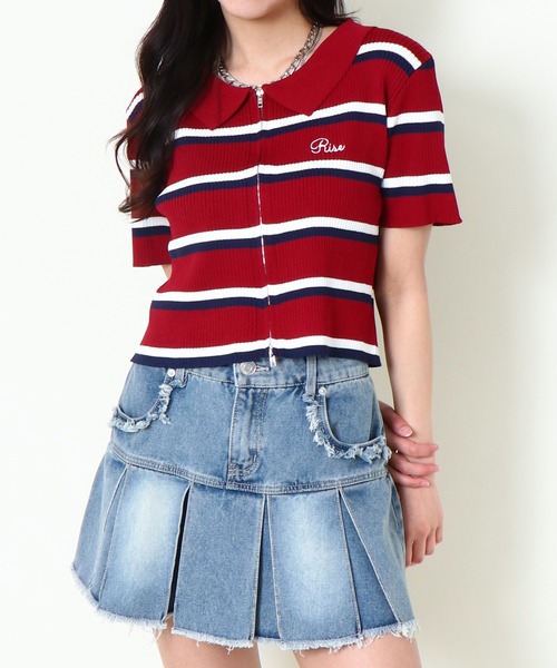 GORGE(ゴージ)の「《WZIP×ボーダー》レディース 半袖カーディガン 春夏秋/着回し万能(カーディガン/ボレロ・レディース・ネイビー/オフホワイト/グリーン/ボルドー・F)」の6枚目の写真