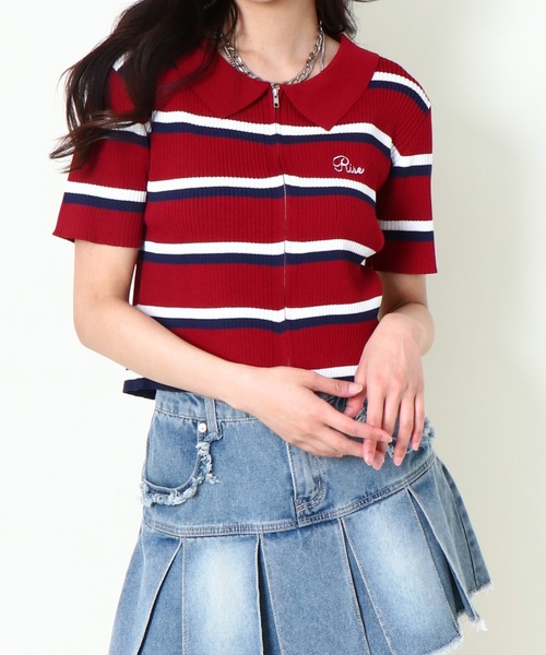 GORGE(ゴージ)の「《WZIP×ボーダー》レディース 半袖カーディガン 春夏秋/着回し万能(カーディガン/ボレロ・レディース・ネイビー/オフホワイト/グリーン/ボルドー・F)」の5枚目の写真