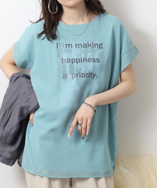 BRODIAEA(ブローディア)の「BRODIAEA オーガンジー重ねプリント半袖カットソー(Tシャツ/カットソー・レディース・ブルーグリーン/オフホワイト/ピンク/ブラック/グレイッシュベージュ・40)」の1枚目の写真