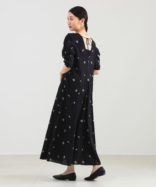 ne Quittez pas / ドット リーフ ギャザー ワンピース　ブラック Cotton Voile Dot Leaf Embroidery Gather Sleeve Dress