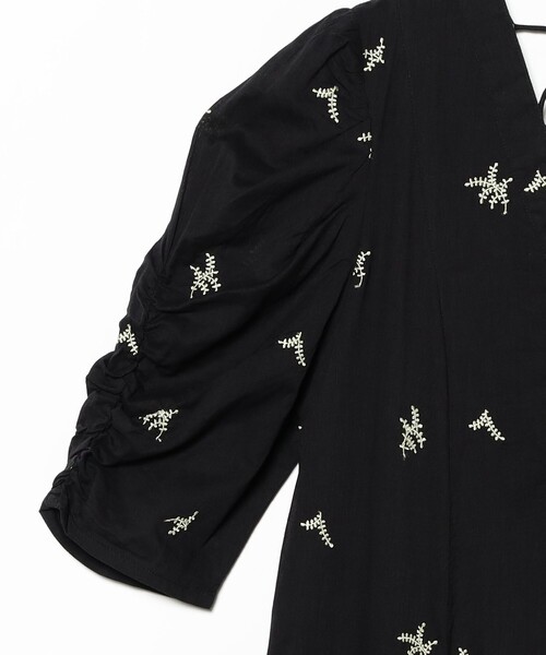 ne Quittez pas / ドット リーフ ギャザー ワンピース　ブラック Cotton Voile Dot Leaf Embroidery Gather Sleeve Dress