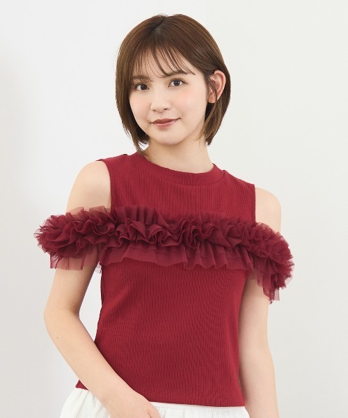 REDYAZEL(レディアゼル)の「チュールフリルラインカットソー(キャミソール・レディース・ホワイト/ボルドー/ブラック/ミント・FREE)」の4枚目の写真