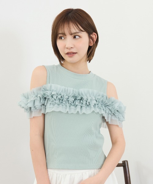 REDYAZEL(レディアゼル)の「チュールフリルラインカットソー(キャミソール・レディース・ホワイト/ボルドー/ブラック/ミント・FREE)」の6枚目の写真