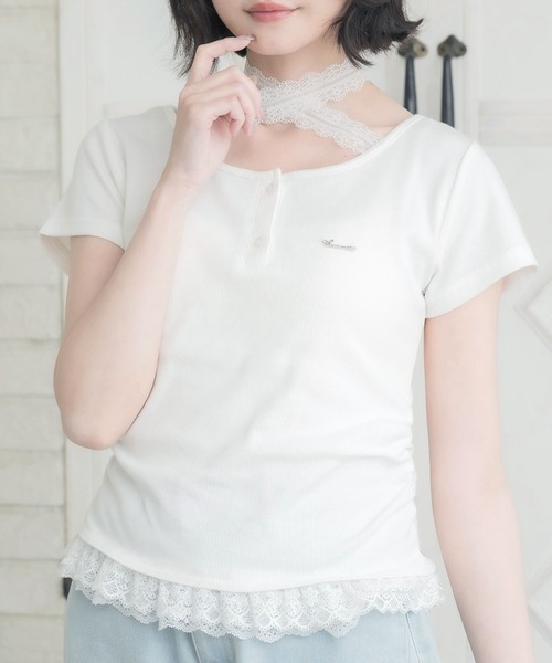ems excite(エムズエキサイト)の「裾フリルドッキングTEE(Tシャツ/カットソー・レディース・ダークグレー/ダークブルー/オフホワイト・FREE)」の1枚目の写真
