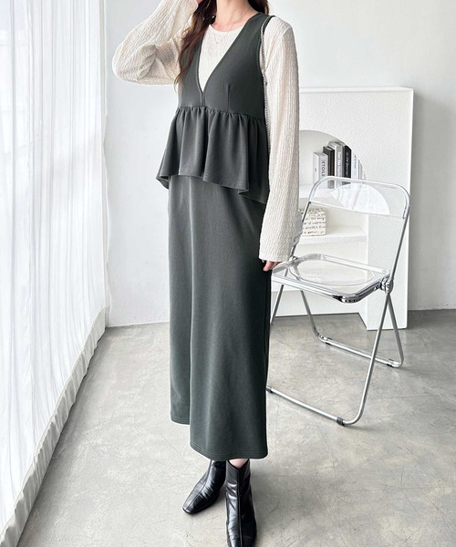 セール】楽ちん！ペプラムジャンパースカート（ジャンパースカート