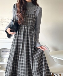 秋先取りのおでかけにちょうどいい♪チェック柄ダブルストラップバックリボンキャミワンピ(ロング丈)