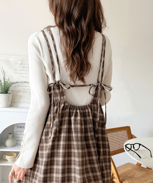 ブラウン系チェック 半袖カットソーワンピース セール】微起毛素材で秋冬にぴったり♪チェック柄ダブルストラップ