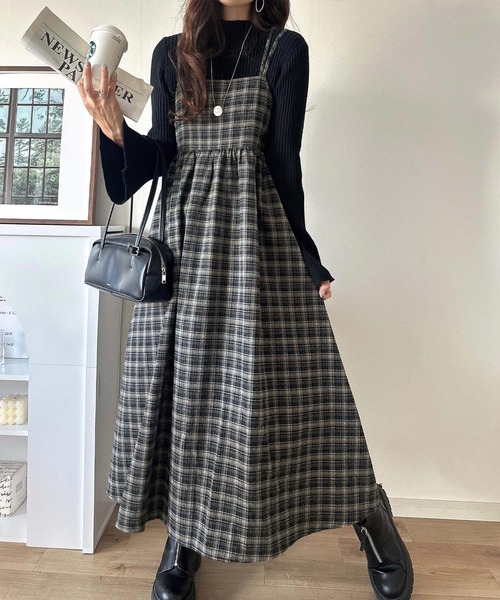 classicalelf(クラシカルエルフ)の「秋先取りのおでかけにちょうどいい♪チェック柄ダブルストラップバックリボンキャミワンピ(ロング丈)(ワンピース・レディース・ブラック系2/ブラウン系その他/グレー系その他・LARGE/MEDIUM/SMALL/X-LARGE)」の12枚目の写真