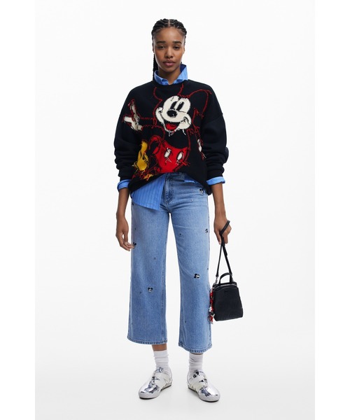 セール】ミッキーマウス刺繍 ラウンドネック長袖スウェットシャツ