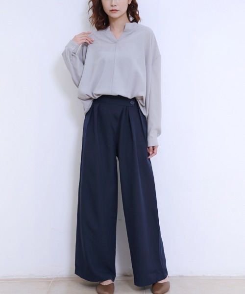 ONEP STAR(ワンピスター)の「アシメトリーボタンワイドパンツ(スラックス・レディース・スモークピンク/ブルー/ダークグレー/ネイビー/ベージュ/ライトグレー/ブラック・LARGE/MEDIUM)」の20枚目の写真
