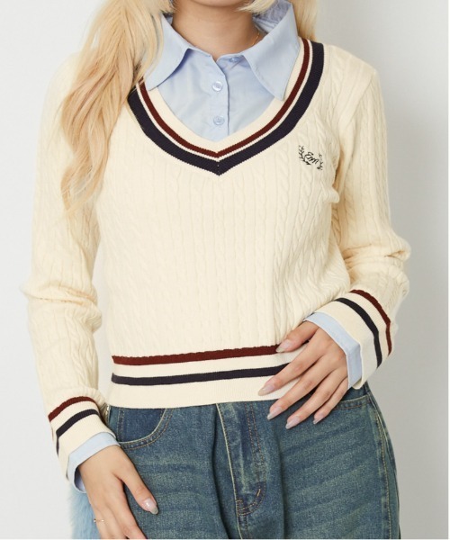 GORGE(ゴージ)の「《ドッキング×フェイクレイヤード》レディース 細ケーブル ニット セーター 春秋冬(ニット/セーター・レディース・ネイビー/グレー/ブラウン/アイボリー・F)」の2枚目の写真