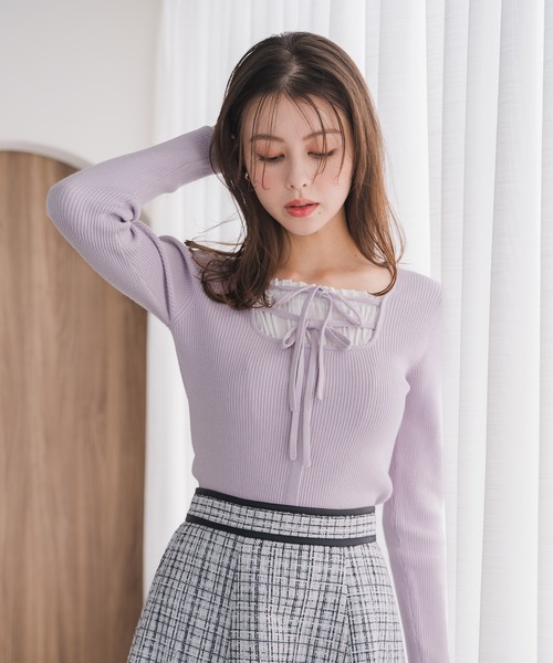 セール】2025秋冬新作 フェイクブラウスダブルリボンリブニット