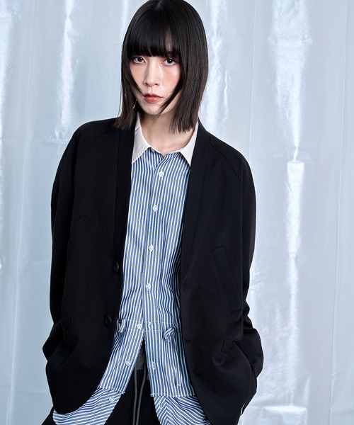 Nora Lily(ノラリリー)の「【Nora Lily】Stripe Panel No-Collar Jacket(テーラードジャケット・メンズ・ブラック/グレー・FREE)」の1枚目の写真