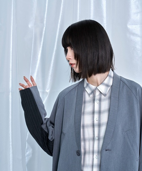 Nora Lily(ノラリリー)の「【Nora Lily】Stripe Panel No-Collar Jacket(テーラードジャケット・メンズ・ブラック/グレー・FREE)」の13枚目の写真