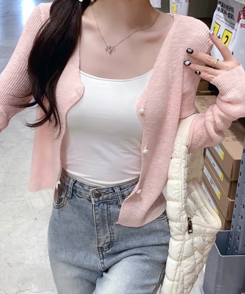 VIBGYOR（ヴィブジョー）の「【EIZZ/アイズ】シアーニット Vネック カーディガン（カーディガン/ボレロ・レディース・ピンク/オフホワイト/ブラック/ライトブルー・FREE）」の4枚目の写真