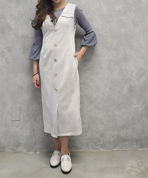 12Twelve Agenda（トゥエルブ　アジェンダ）の「フェイクスエード前釦ナロージャンスカ（ジャンパースカート・レディース・チャコールグレー/グレイッシュベージュ/キャメル・M）」の2枚目の写真