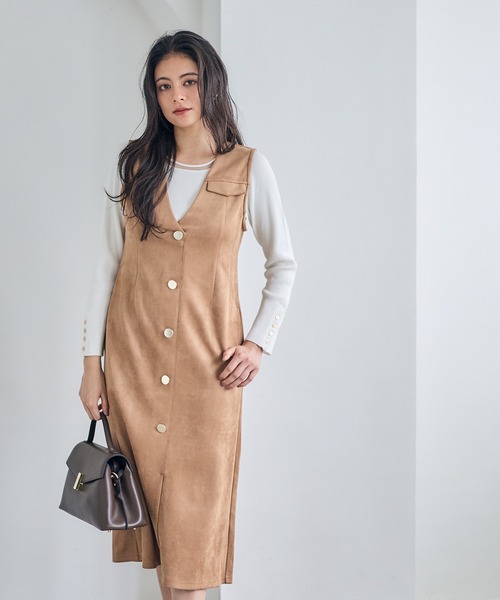 12Twelve Agenda（トゥエルブ　アジェンダ）の「フェイクスエード前釦ナロージャンスカ（ジャンパースカート・レディース・チャコールグレー/グレイッシュベージュ/キャメル・M）」の12枚目の写真