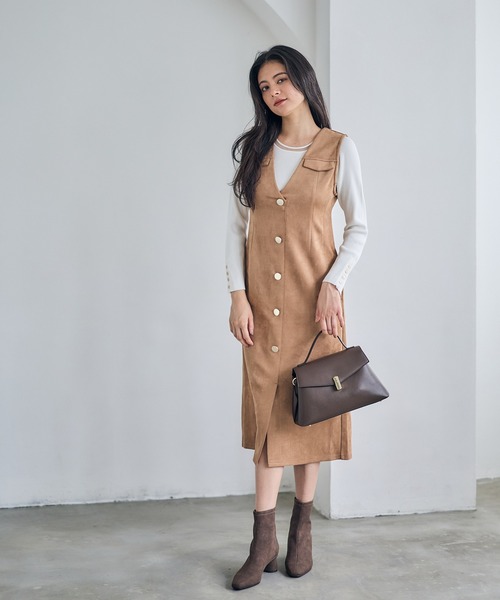 12Twelve Agenda（トゥエルブ　アジェンダ）の「フェイクスエード前釦ナロージャンスカ（ジャンパースカート・レディース・チャコールグレー/グレイッシュベージュ/キャメル・M）」の8枚目の写真