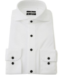 SUIT SELECT（スーツセレクト）の「【スーパーノンアイロン・ストレッチ・速乾】【長袖】【BLACK LINE】ホリゾンタルワイドワイシャツ/ホワイト×ドビー/釦・釦付糸：ブラック/「4S」（ビジネスシャツ）」