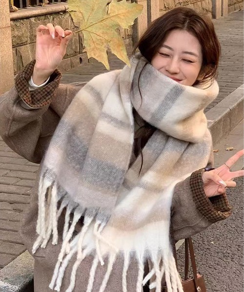 セール】【新作】チェック柄フリンジ付き防寒マフラー（マフラー