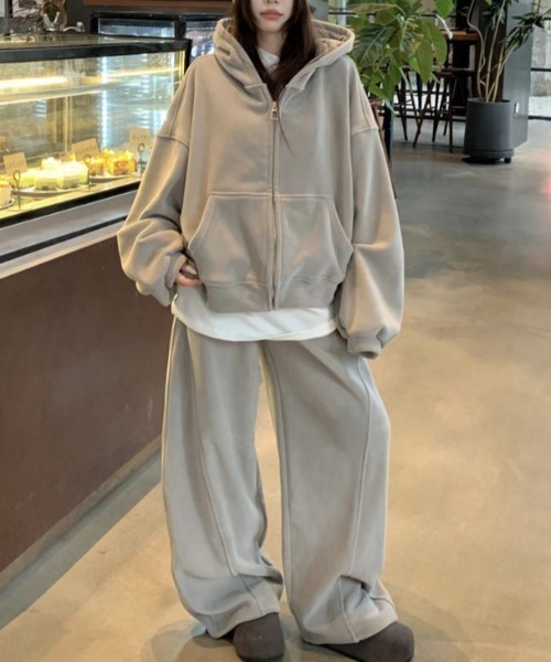 セール】フード付きジップ付きジャケットワイドパンツセットアップ