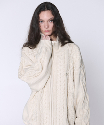 PLACE STUDIO | ハイネックオーバーサイズツーウェイケーブルニットフルジップカーディガン[ベージュ](カーディガン/ボレロ)