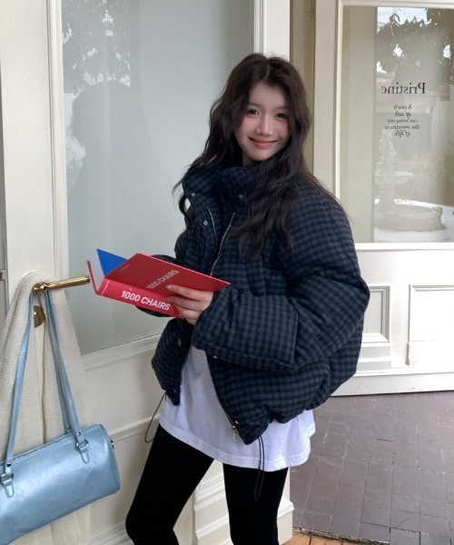 セール】チェック柄 スタンドカラー エコダウンジャケット（ダウン