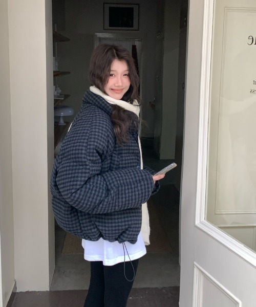 ダウンジャケット ブラック・チェック柄 セール】チェック柄ダウンジャケット（ダウンジャケット/コート