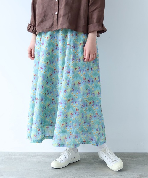 bulle de savon（ビュルデサボン）の「スイセンプリント ギャザースカート（スカート・レディース・チャコールグレー/ミント・FREE）」の2枚目の写真