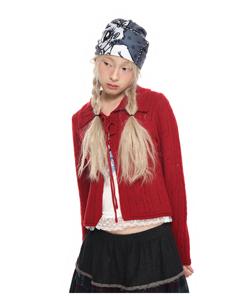 youthbath(ユースバース)の「Lace-Up Shawl Collar Cardigan_red(カーディガン/ボレロ・レディース・その他・SMALL/MEDIUM)」の2枚目の写真