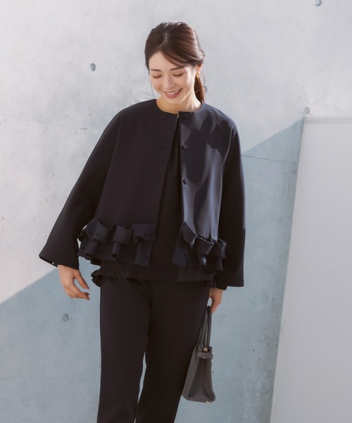 Sono(ソーノ)の「【新作 1/16発売】ご自宅でお洗濯可能【SONO/ソーノ】【SONO NAVY/ソーノネイビー】-【MUMMUMダブルクロス】 ホイップフリルショートジャケット(ノーカラージャケット・レディース・ブラック/ネイビー・F)」の7枚目の写真