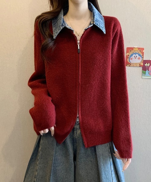 セール】デニム襟付きジップニットトップス（ニット/セーター）｜ONEP