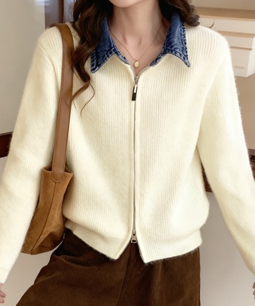 セール】デニム襟付きジップニットトップス（ニット/セーター）｜ONEP