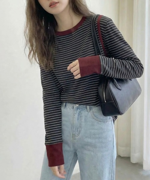 cammie(キャミー)の「レイヤードデザインボーダートップス(ニット/セーター・レディース・レッド/ブラック・F)」の7枚目の写真