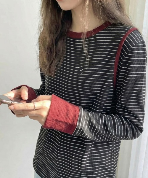 cammie(キャミー)の「レイヤードデザインボーダートップス(ニット/セーター・レディース・レッド/ブラック・F)」の11枚目の写真