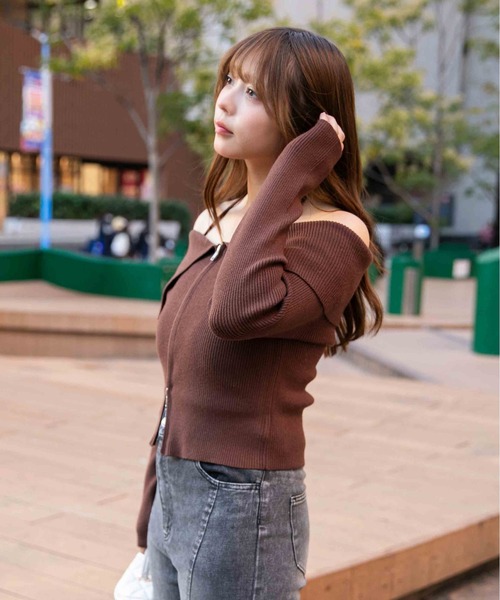 GORGE（ゴージ）の「《デカ襟×ダブルジップ》大人可愛いリブトップス カーディガン（カーディガン/ボレロ・レディース・アイボリー/ダークブラウン/ブラック/チャコール・F）」の16枚目の写真