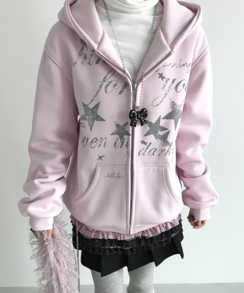 3色展開】Y2Kムード全開 星柄プリント オーバーサイズZIPフーディ