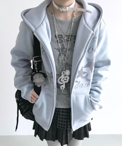 セール】【3色展開】Y2Kムード全開 星柄プリント オーバーサイズZIP