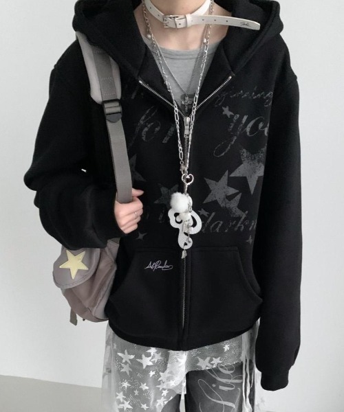 セール】【3色展開】Y2Kムード全開 星柄プリント オーバーサイズZIP