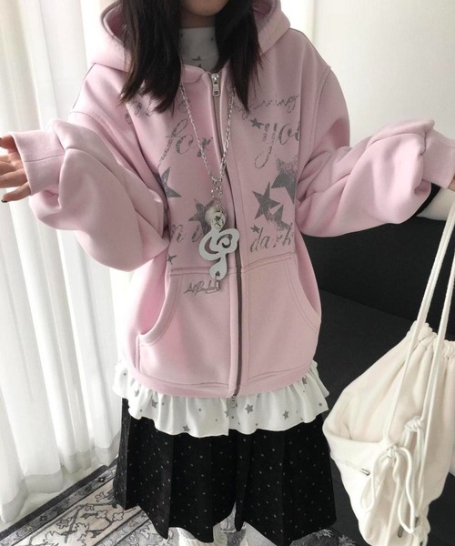 セール】【3色展開】Y2Kムード全開 星柄プリント オーバーサイズZIP