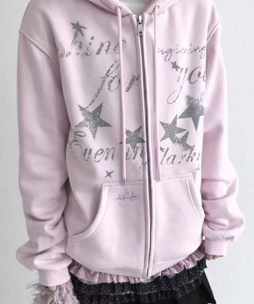 DIAVEL（ディアベル）の「【3色展開】Y2Kムード全開 星柄プリント オーバーサイズZIPフーディ（パーカー・レディース・ピンク/ブラック/ブルー・M）」の5枚目の写真