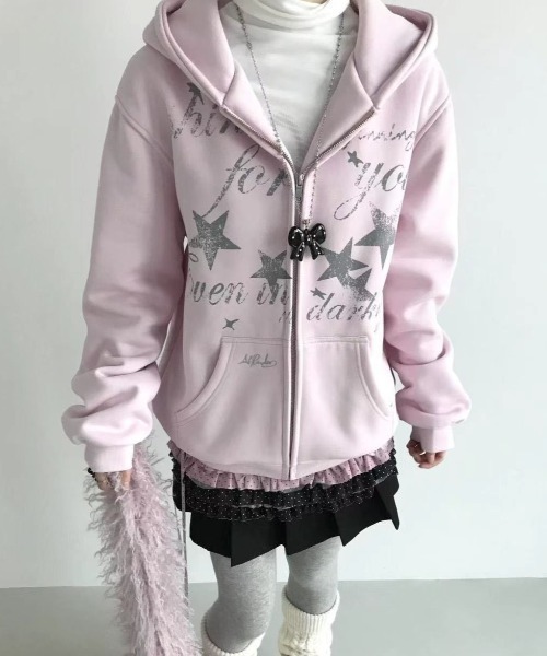 セール】【3色展開】Y2Kムード全開 星柄プリント オーバーサイズZIP