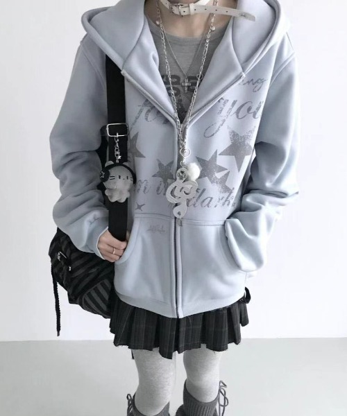 セール】【3色展開】Y2Kムード全開 星柄プリント オーバーサイズZIP