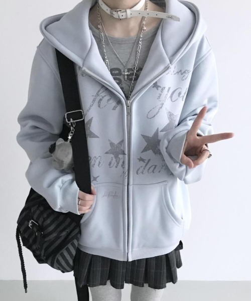 セール】【3色展開】Y2Kムード全開 星柄プリント オーバーサイズZIP