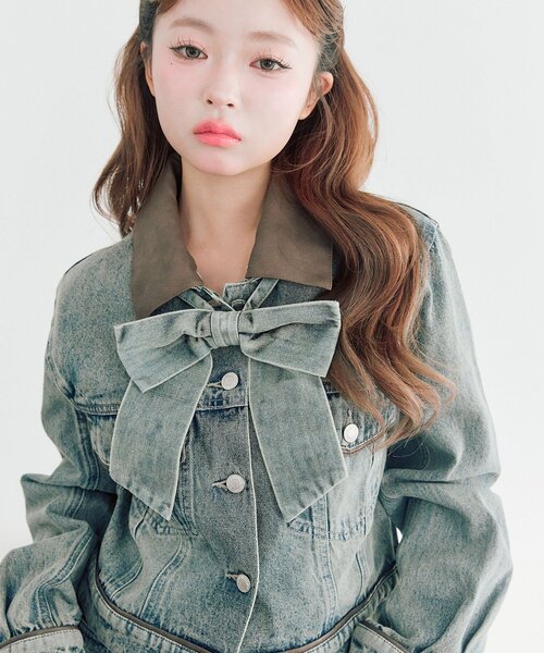 OLIVE des OLIVE（オリーブデオリーブ）の「【セットアップ対応/リボン・衿取り外し可】合皮衿Gジャン（デニムジャケット・レディース・サックスブルー/ブルー・FREE）」の6枚目の写真