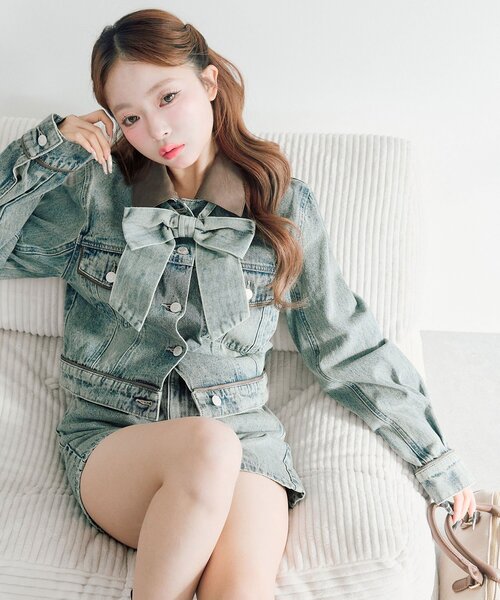 OLIVE des OLIVE（オリーブデオリーブ）の「【セットアップ対応/リボン・衿取り外し可】合皮衿Gジャン（デニムジャケット・レディース・サックスブルー/ブルー・FREE）」の7枚目の写真