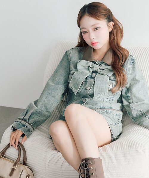 OLIVE des OLIVE（オリーブデオリーブ）の「【セットアップ対応/リボン・衿取り外し可】合皮衿Gジャン（デニムジャケット・レディース・サックスブルー/ブルー・FREE）」の8枚目の写真