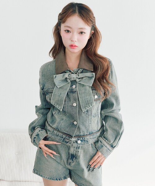 OLIVE des OLIVE（オリーブデオリーブ）の「【セットアップ対応/リボン・衿取り外し可】合皮衿Gジャン（デニムジャケット・レディース・サックスブルー/ブルー・FREE）」の9枚目の写真